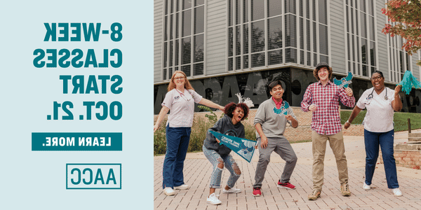 No video playback functionality. Students jumping into the air with AACC gear. Text on the side that says, "8-week classes start Oct.